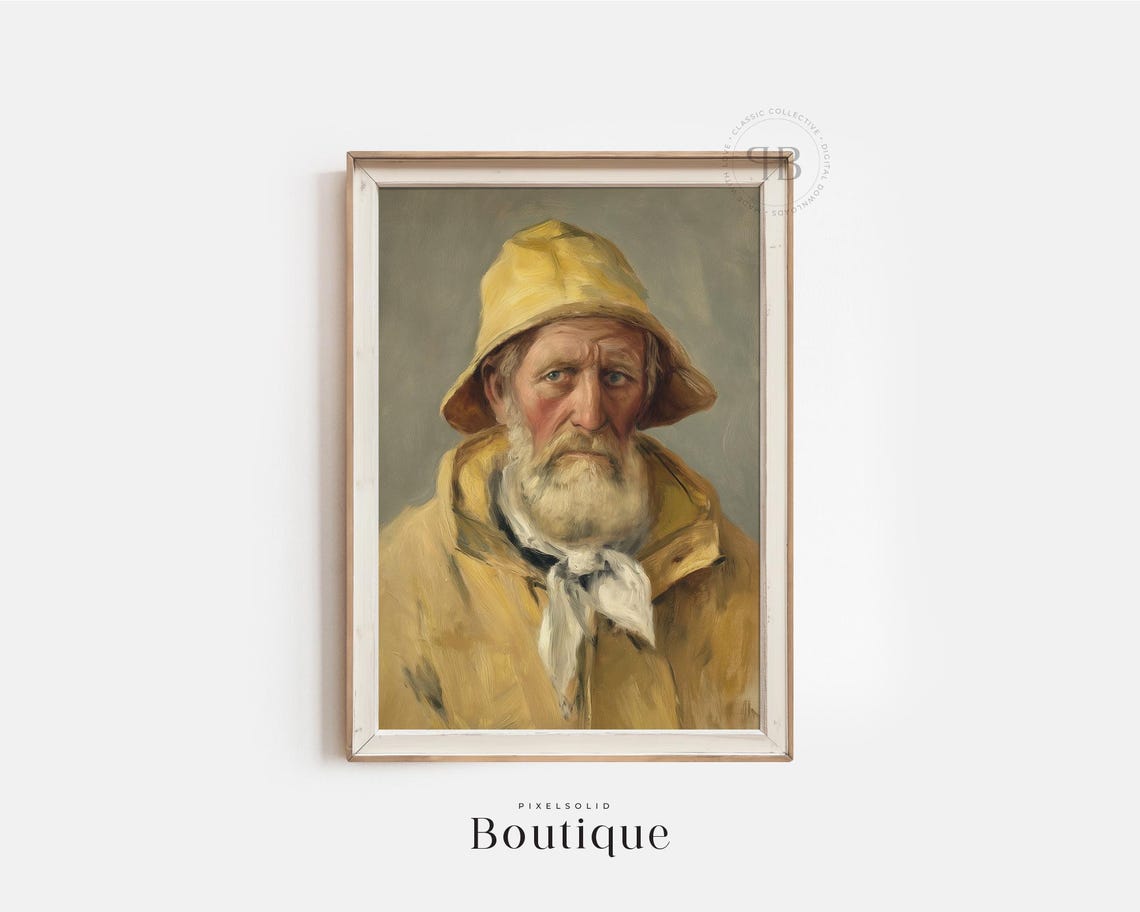Old Fisherman Portrait in Yellow Rain Coat Vintage Nautical Print