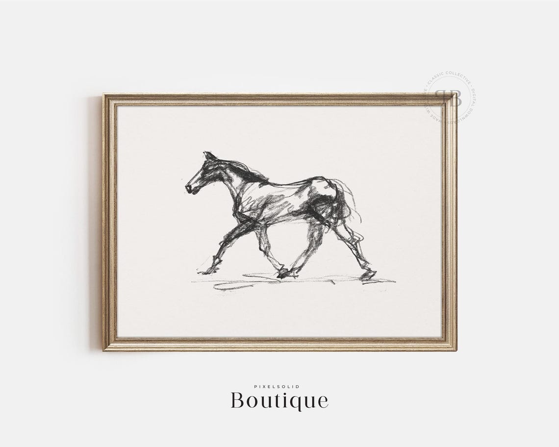Minimalist Charcoal Horse Sketch Trotting Equestrian Art Poster