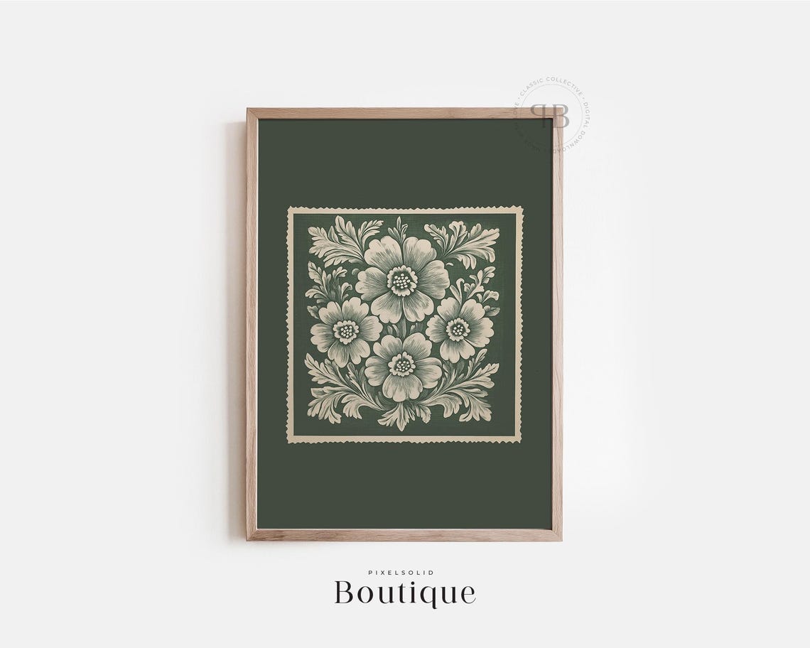Dark Green Floral Block Art Cream Botanical Vintage Style Wall Art