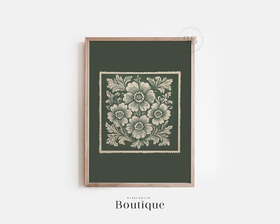 Botanical Floral Block Print Wall Art Dark Green Flower Artwork Home Decor Vintage Style Illustration No629