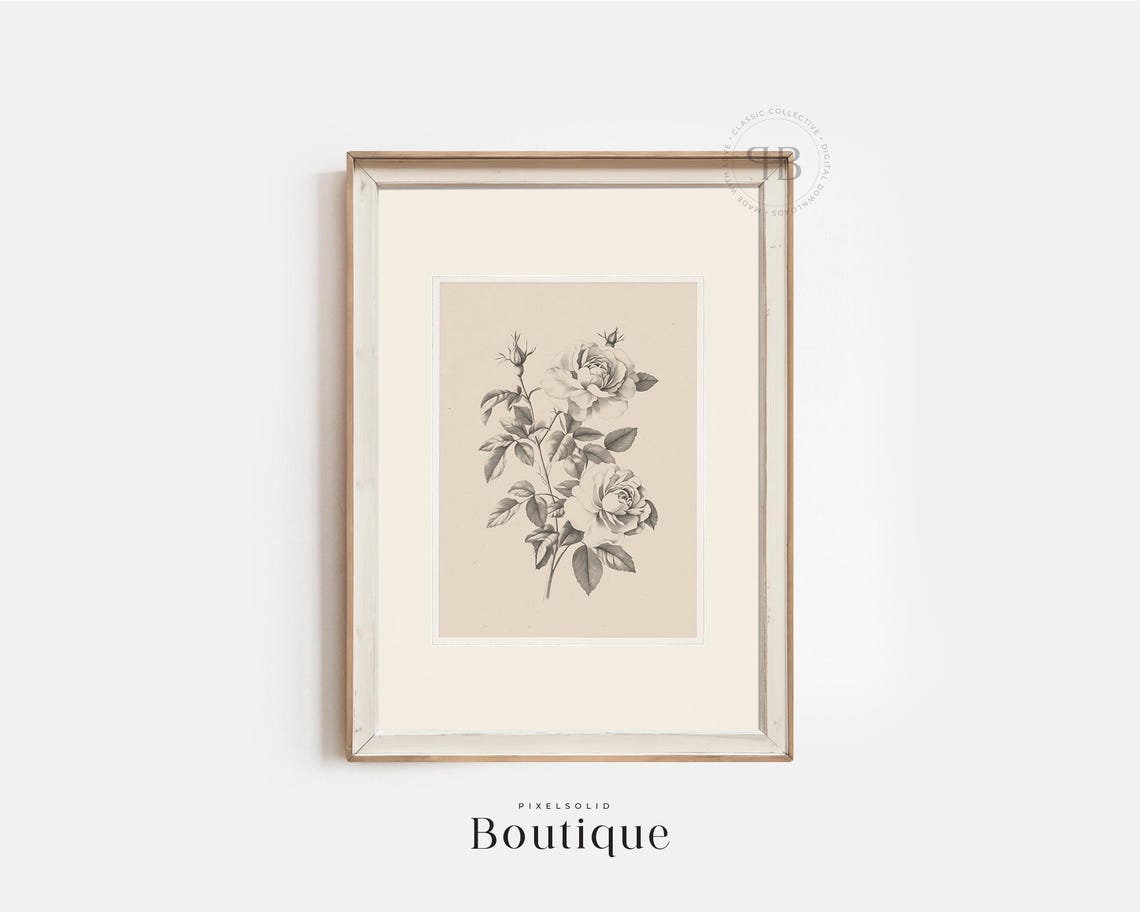 Black White Rose Engraving Minimalist Vintage Floral Art Print