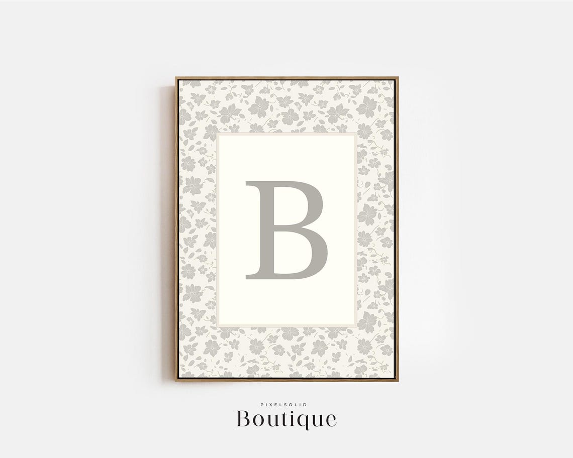 Elegant Floral Monogram Letter B Neutral Gray Nursery Initial Print