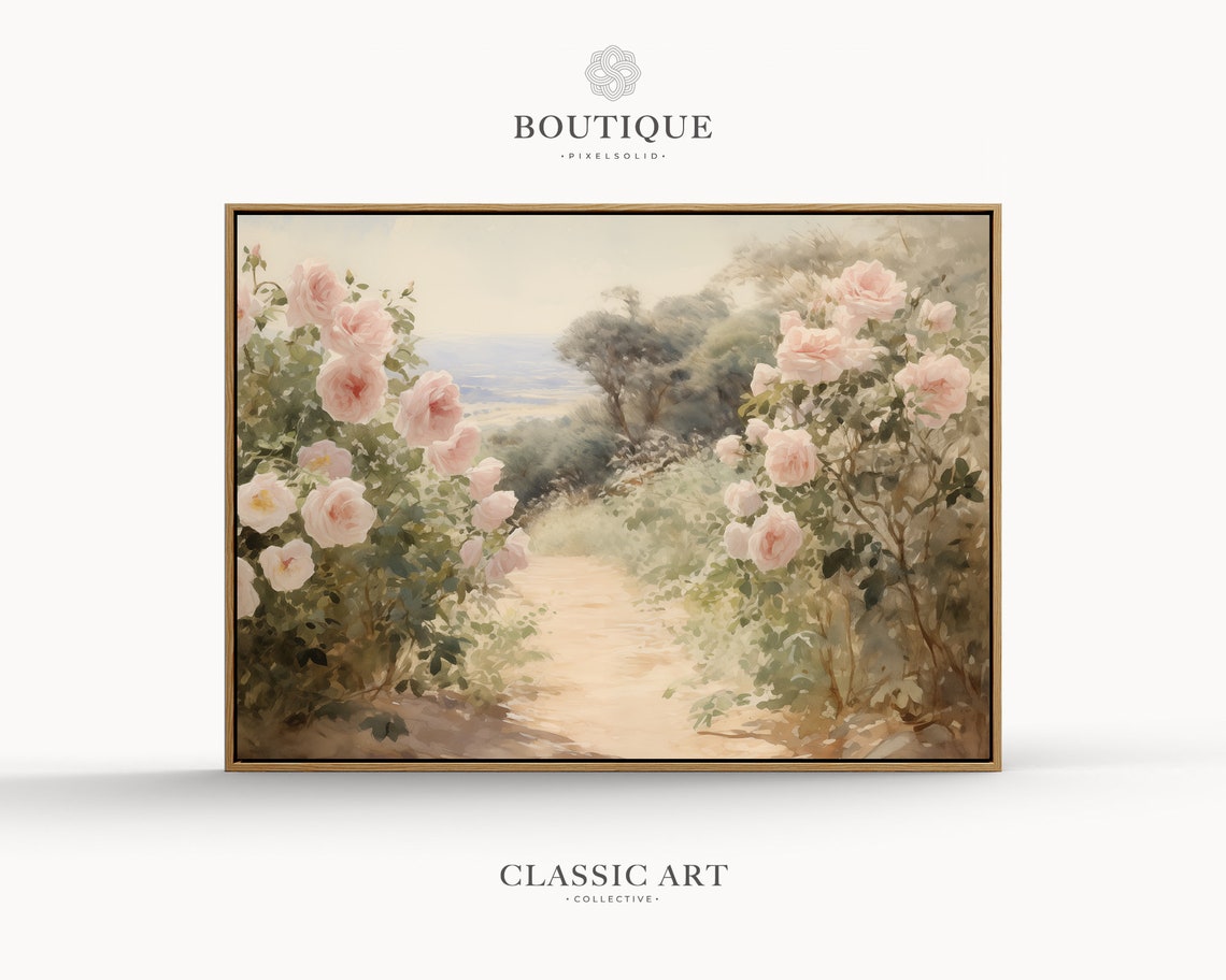 Pink Roses Garden Path Watercolor Painting Soft Floral Landscape Print