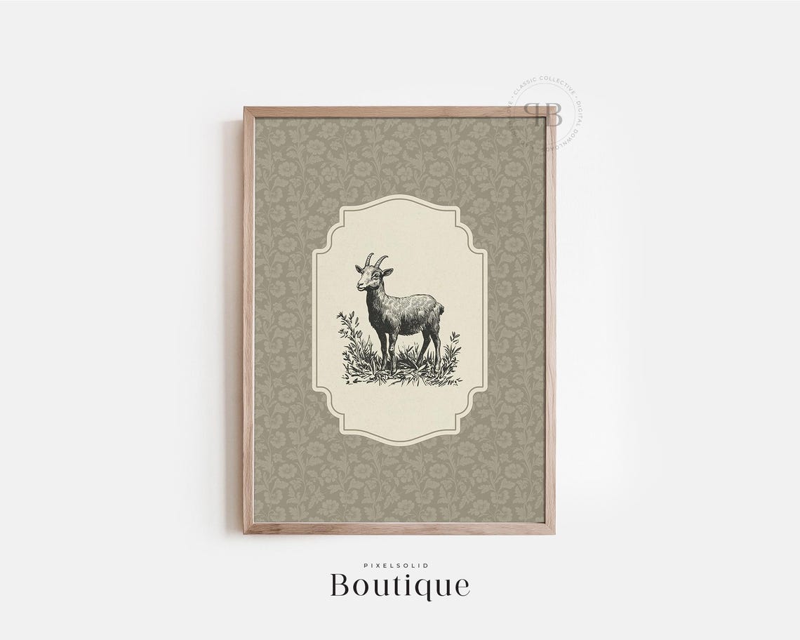 Goat Engraving Vintage Illustration Ornate Olive Frame Poster