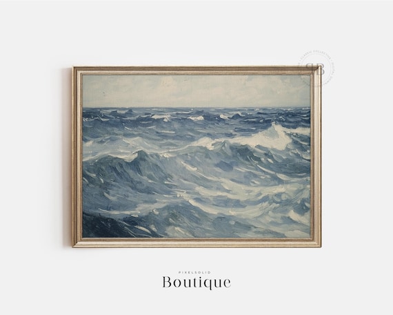 Serene Blue Ocean Waves Vintage Style Seascape Painting Wall Art