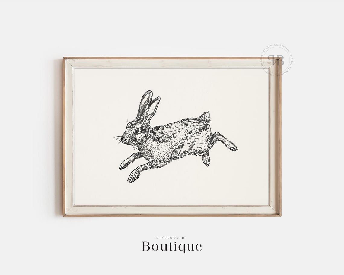 Leaping Hare Vintage Etching Black Ink Wildlife Sketch Print