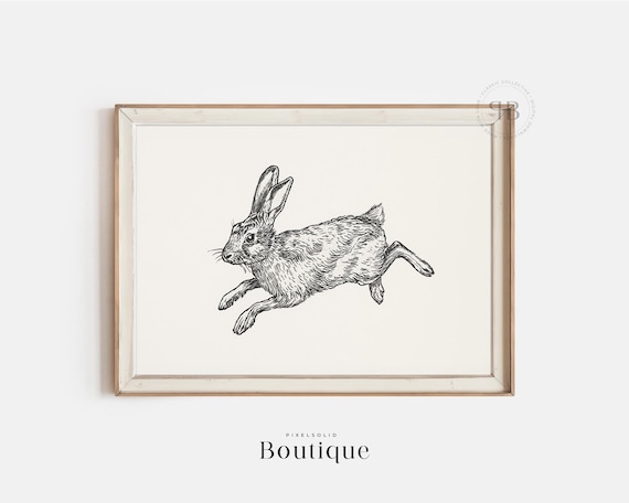 Leaping Hare Vintage Etching Black Ink Wildlife Sketch Print