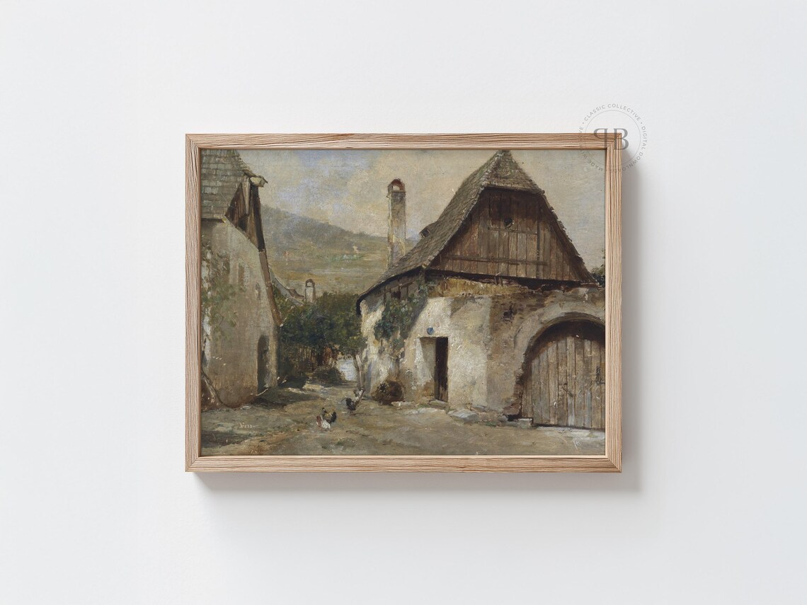 Old European Village Alleyway Chickens Vintage Farmhouse Decor Poster