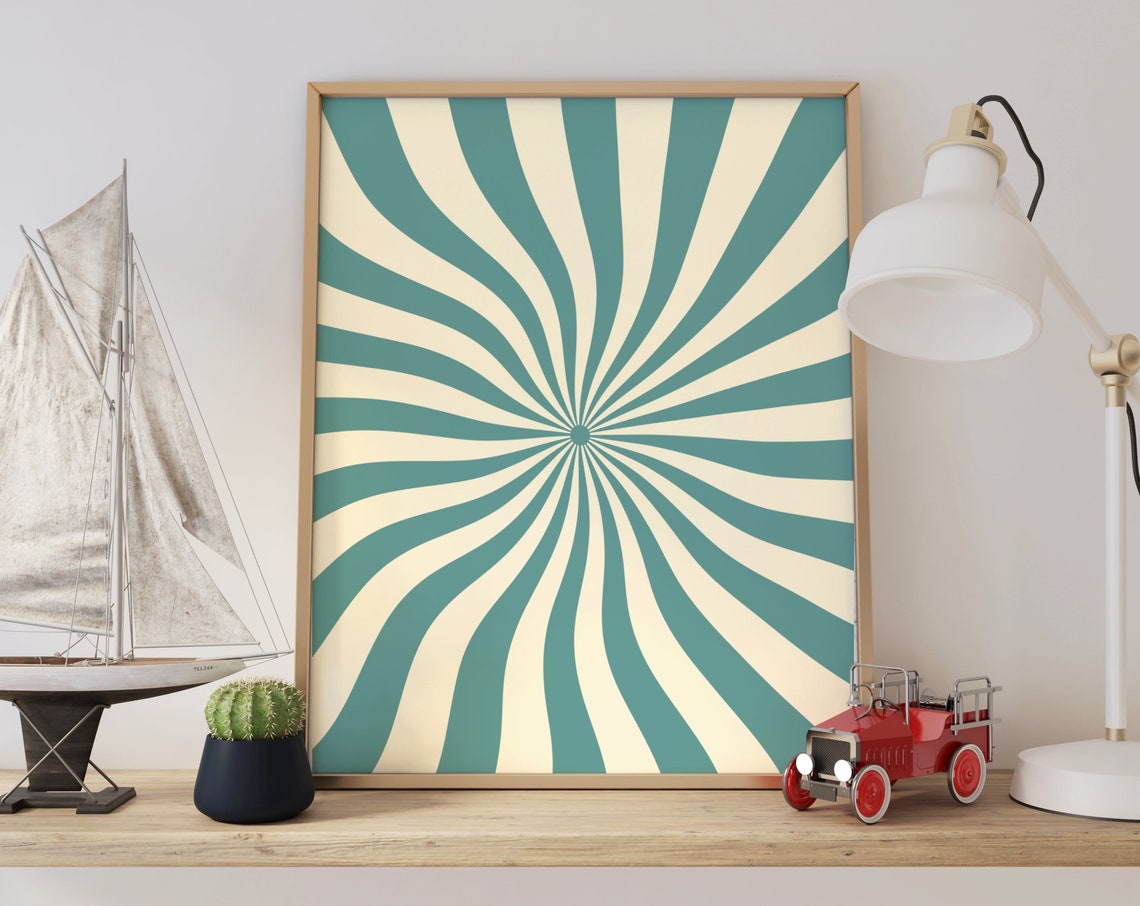 Retro 70s Teal Cream Sunburst Swirl Psychedelic Abstract Poster