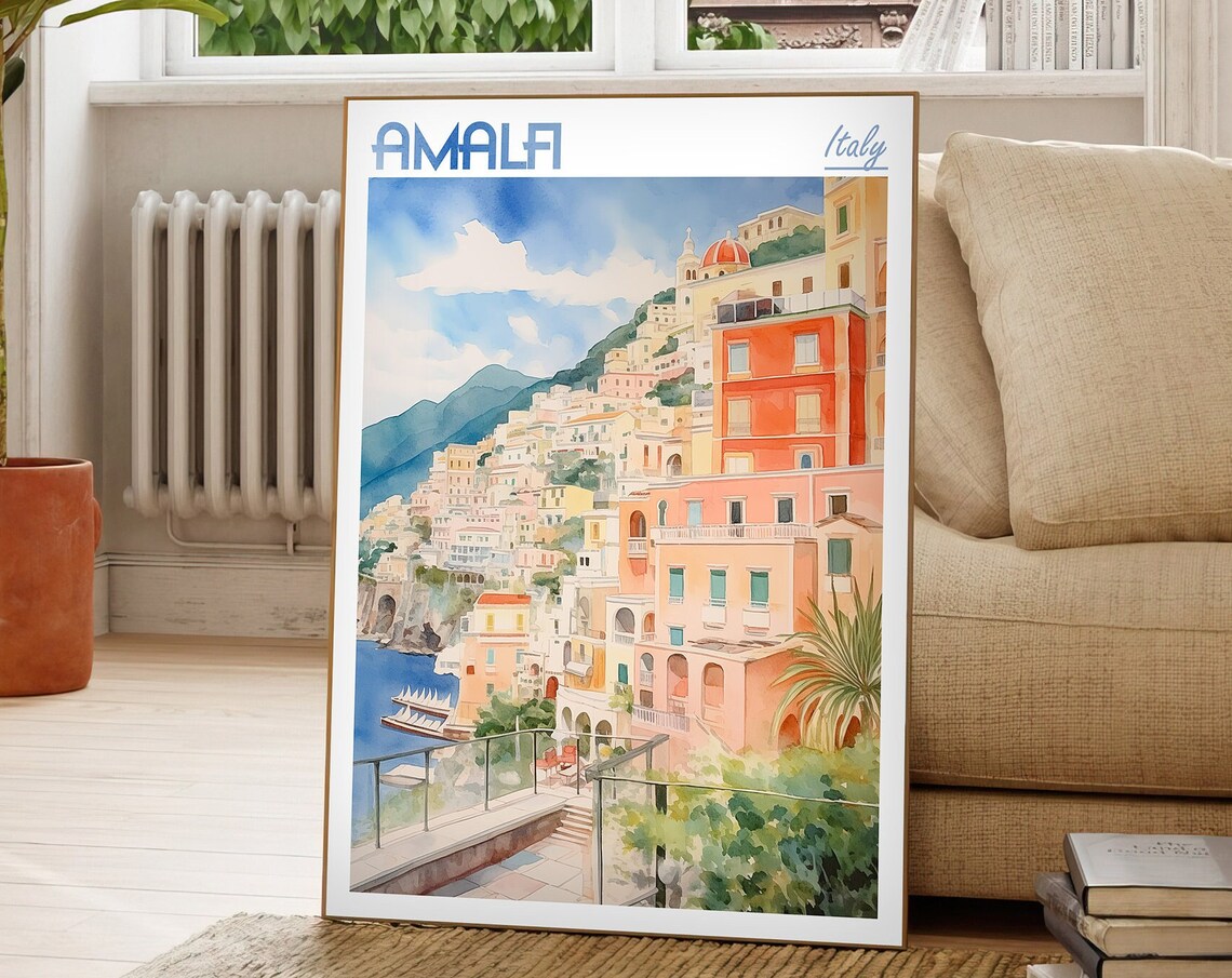 Amalfi Coast Watercolor Travel Poster, Italian Seascape