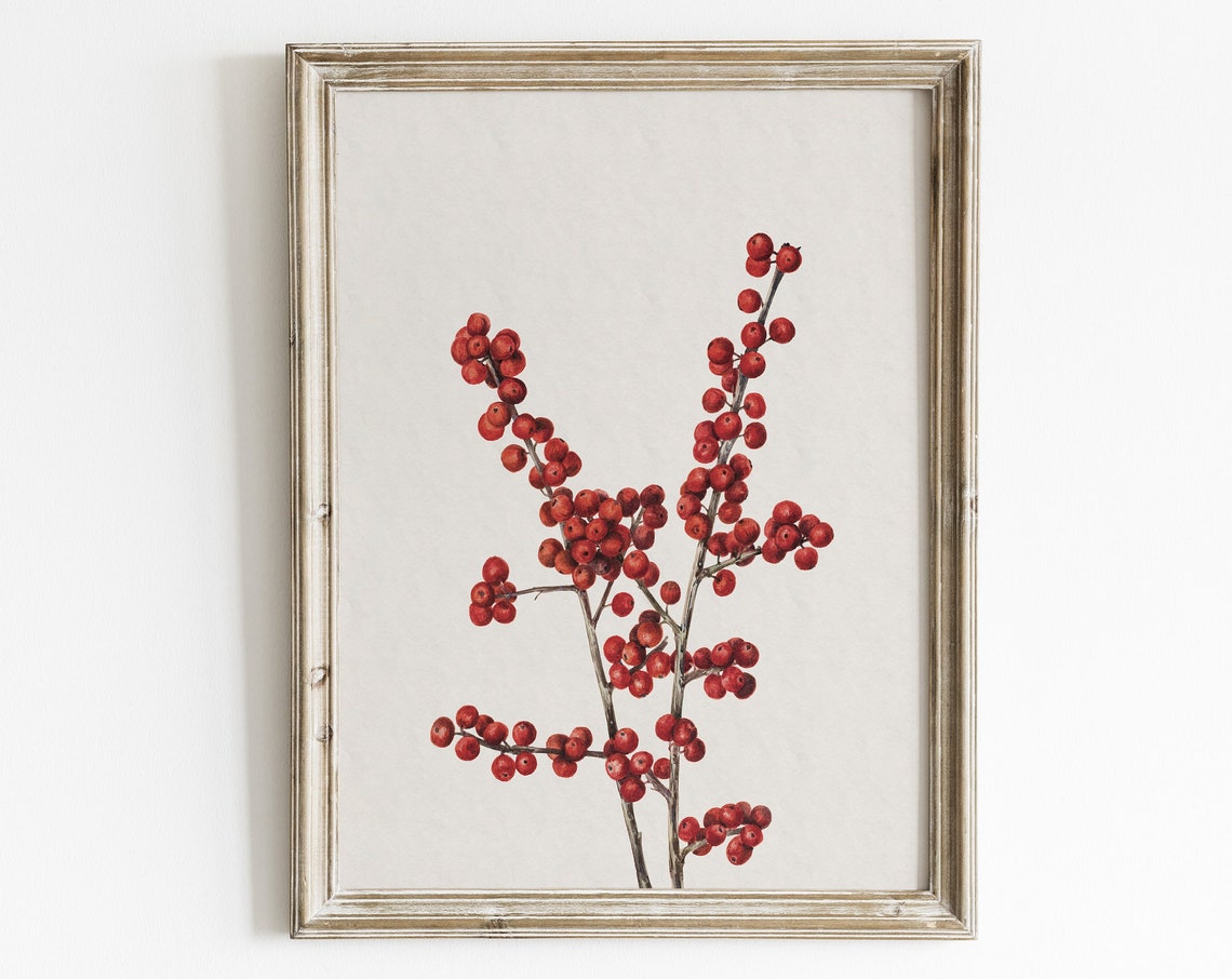 Vintage Winterberry Wall Art Country Holiday Art Print Vintage Winter Botanical Painting Rustic Christmas Print Antique Holiday Wall Art