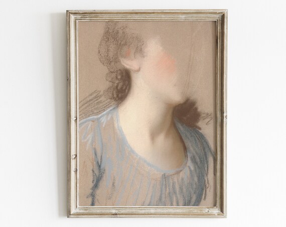 Soft Pastel Woman Portrait Blue Gray Impressionist Female Sketch Art Poster