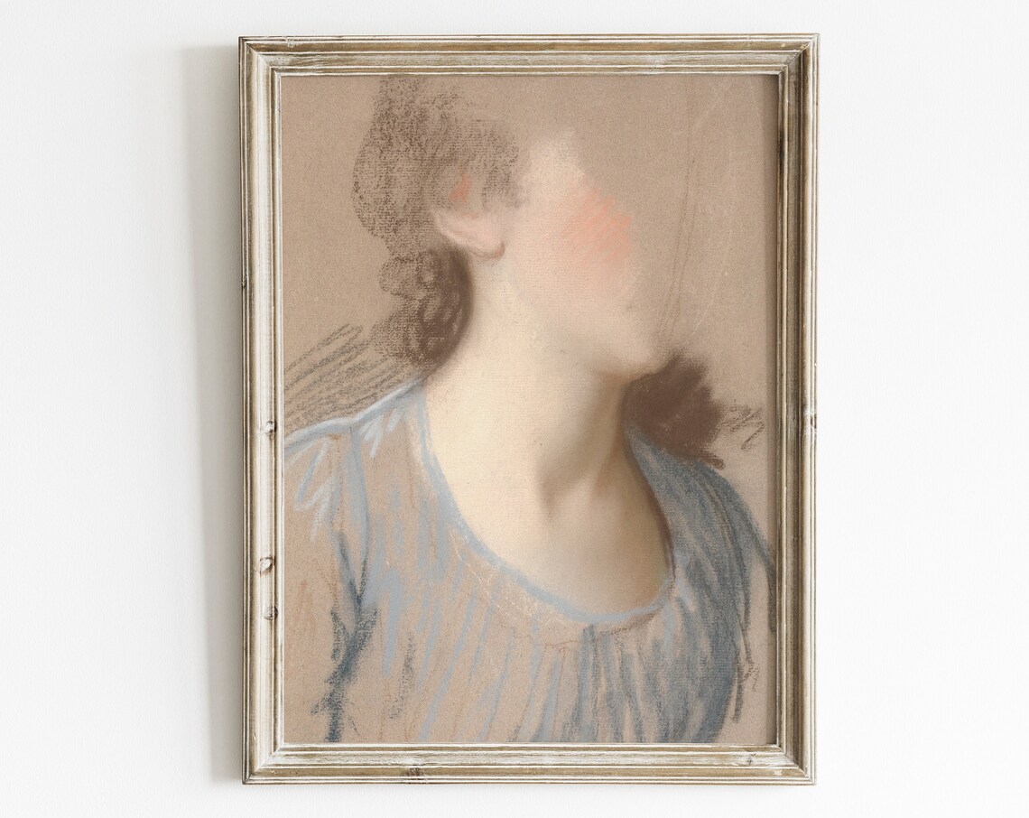 Soft Pastel Woman Portrait Blue Gray Impressionist Female Sketch Art Poster