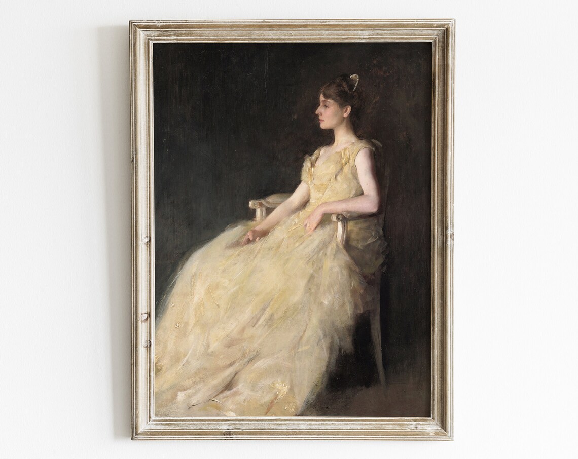 Vintage Woman Oil Portrait Cream Gown Seated Profile Tonal Art Poster
