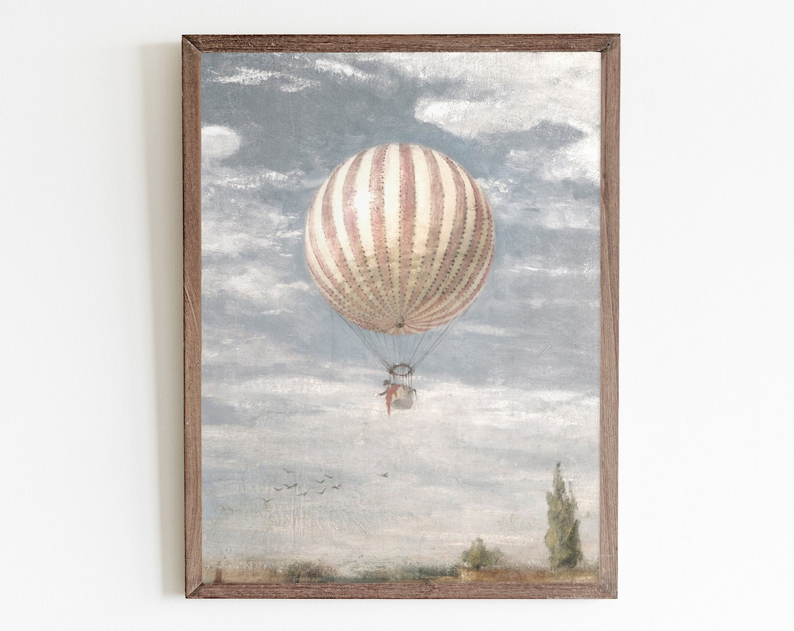 Vintage Hot Air Balloon Art Print, Girls Nursery Decor