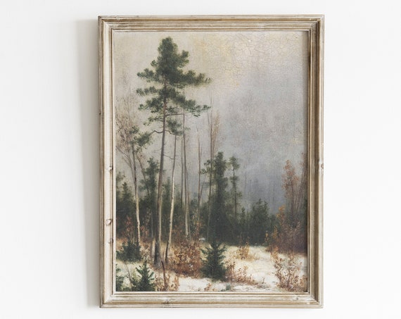 Rustic Pine Tree Print Snowy Forest Landscape Painting Winter Evergreen Art Print Vintage Art