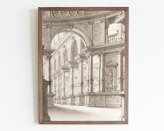 Vintage Etching Architecture Art Print, Line Art