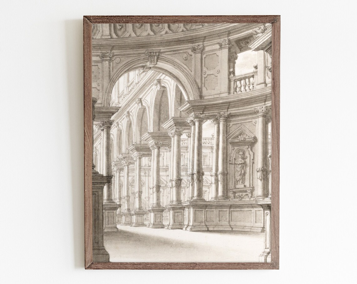 Vintage Etching Architecture Art Print, Line Art