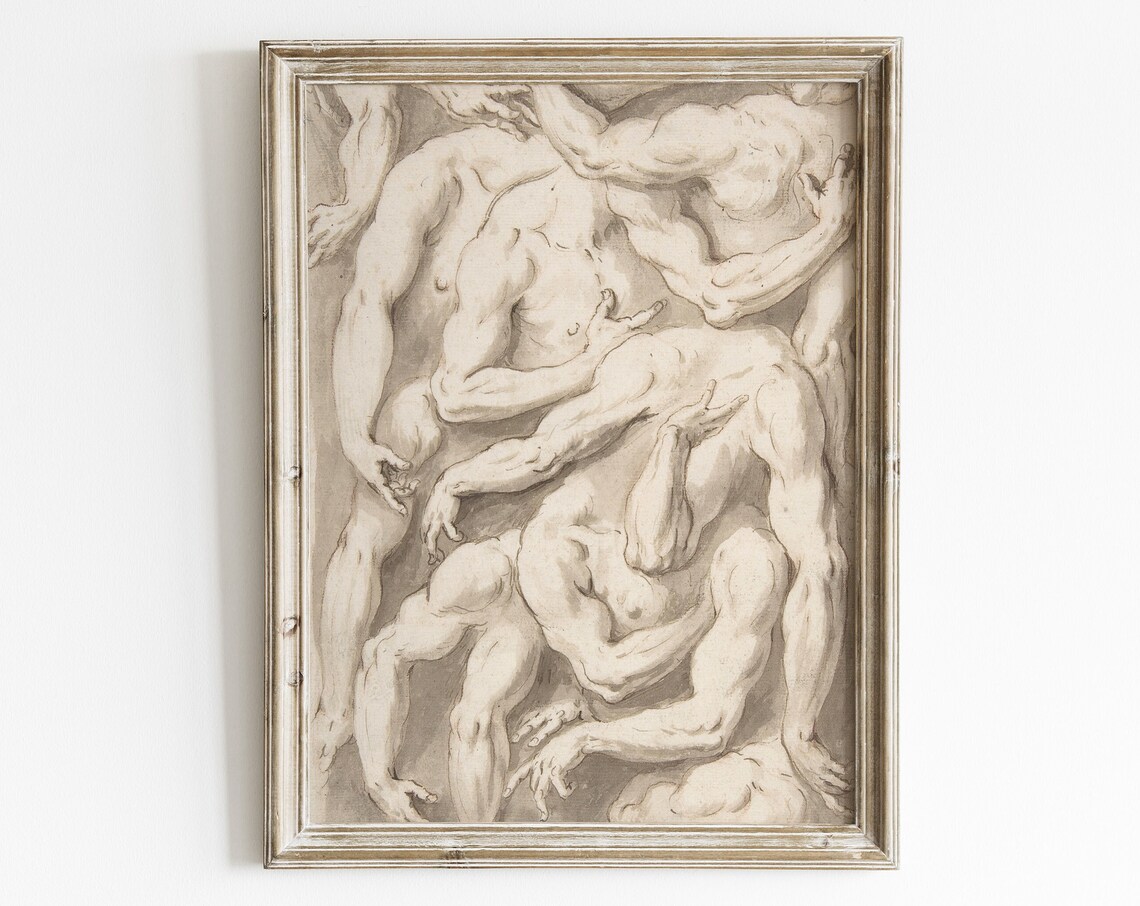 Vintage Male Figure Sketch Art Print, Neutral Abstract Decor