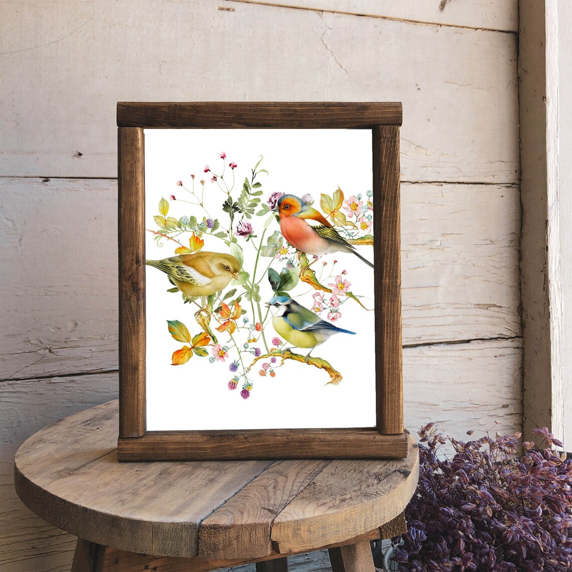 Spring Songbirds Chaffinch And Blue Tit Floral Watercolor Poster - Image 3