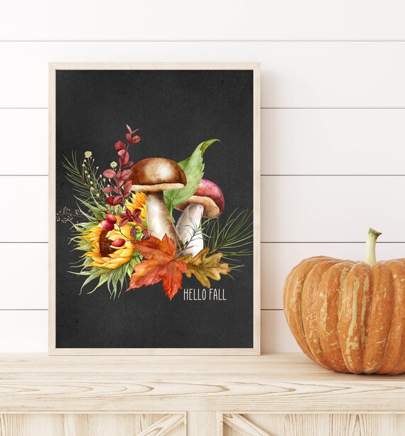 Hello Fall Chalkboard Mushroom Sunflower Woodland Autumn Poster