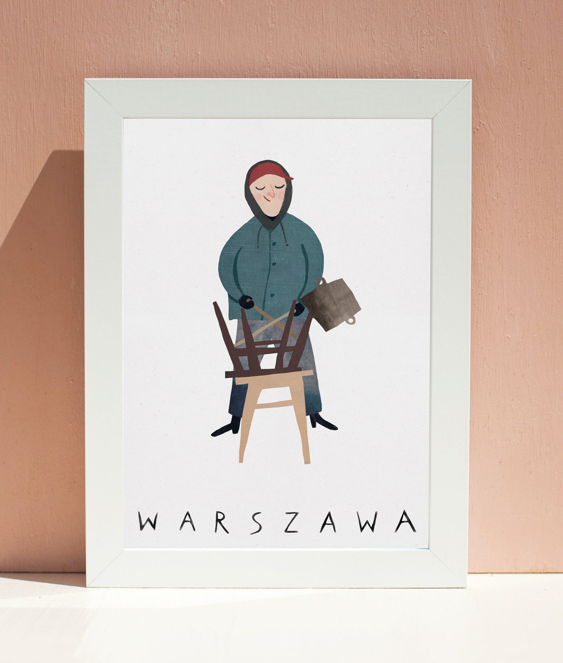 Warszawa Folk Illustration Man With Chairs Watering Can Art Poster