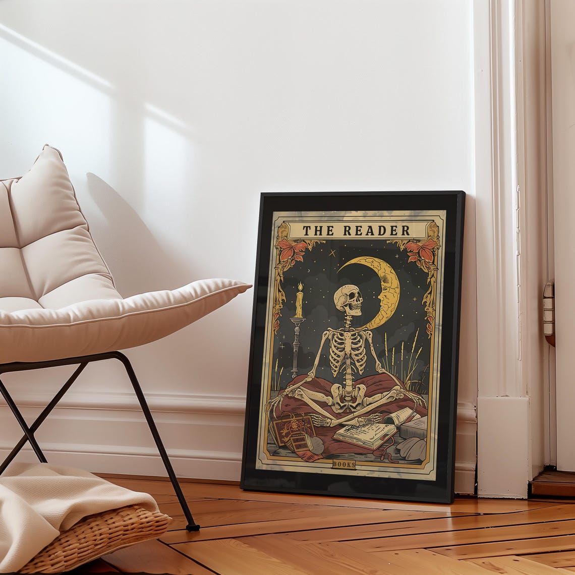 The Reader Tarot Print Skeleton Card Wall Art Book Lover Gift Witchy Reading Nook Bookish Library Decor - Image 6