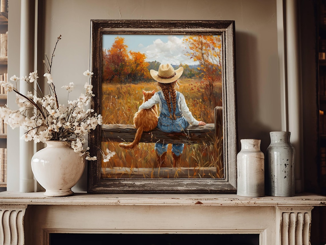 Girl and Orange Cat on Fence Autumn Fall Country Field Poster