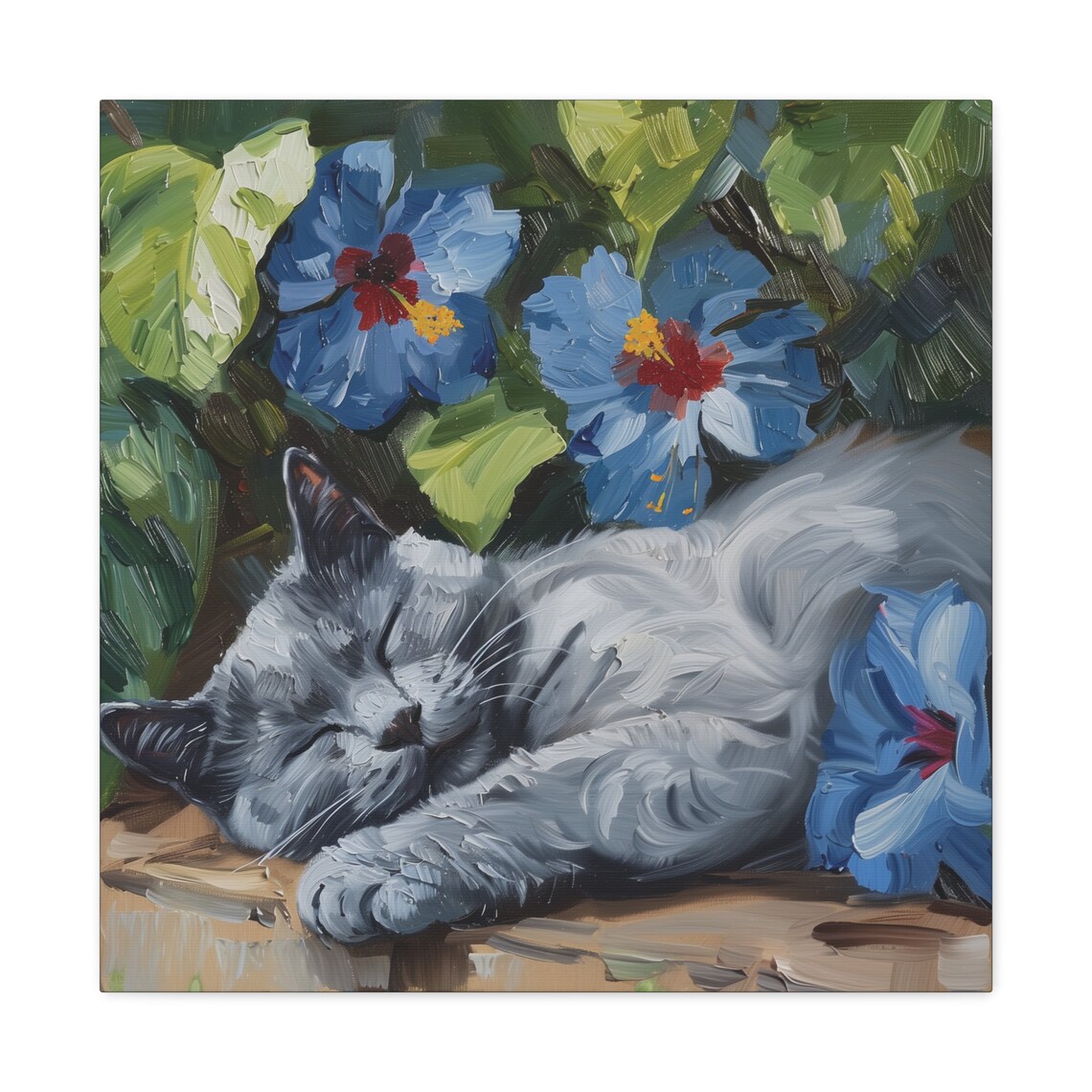 Russian Blue Gray Cat Sleeping Among Blue Hibiscus Flowers Poster - Image 2