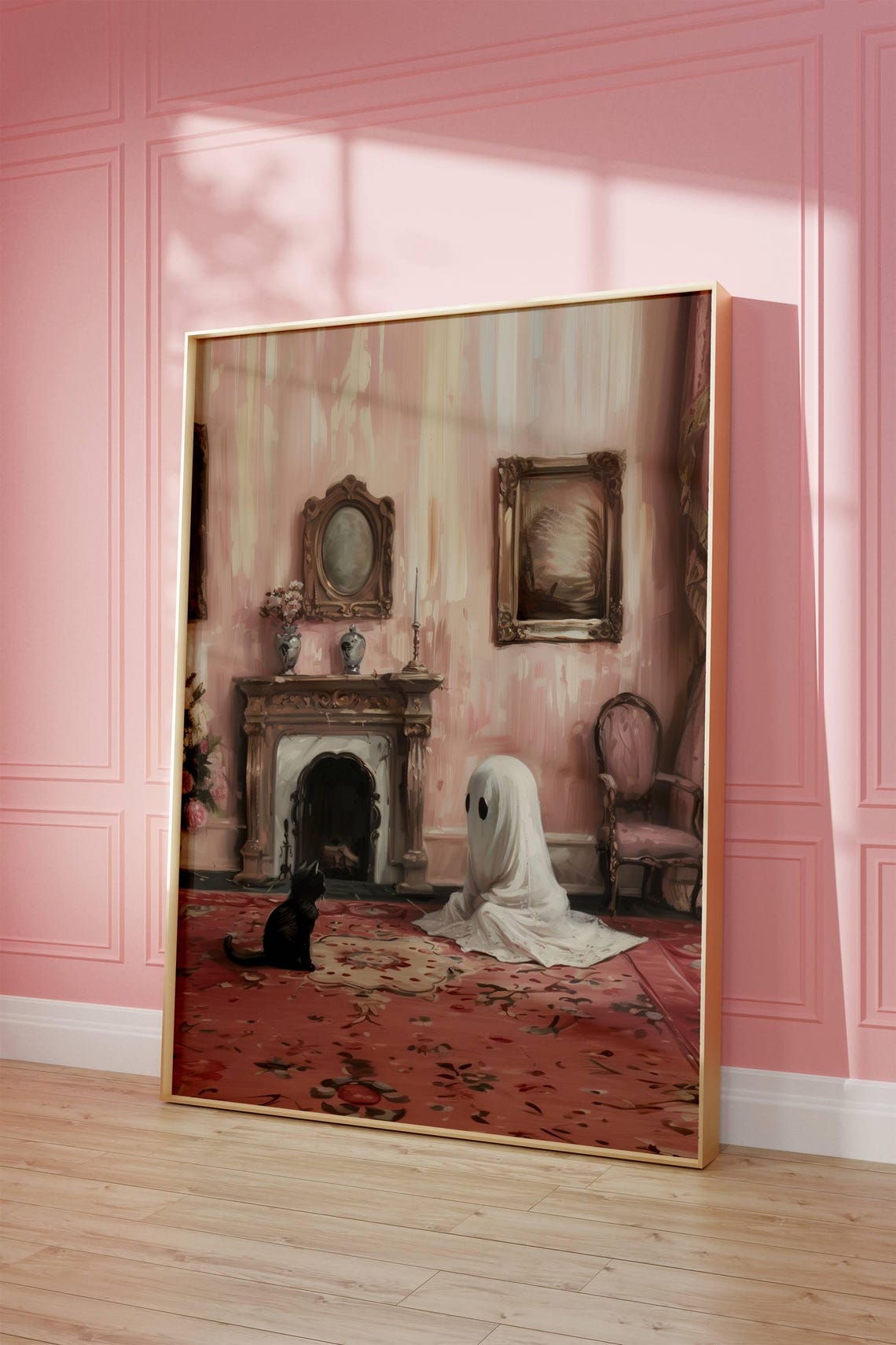 Ghost and Black Cat Sitting in a Pink Victorian Parlor Poster - Image 7