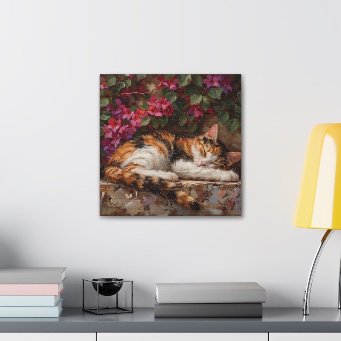 Sleeping Calico Kitten On A Stone Wall Beneath Flowers Oil Poster - Image 5