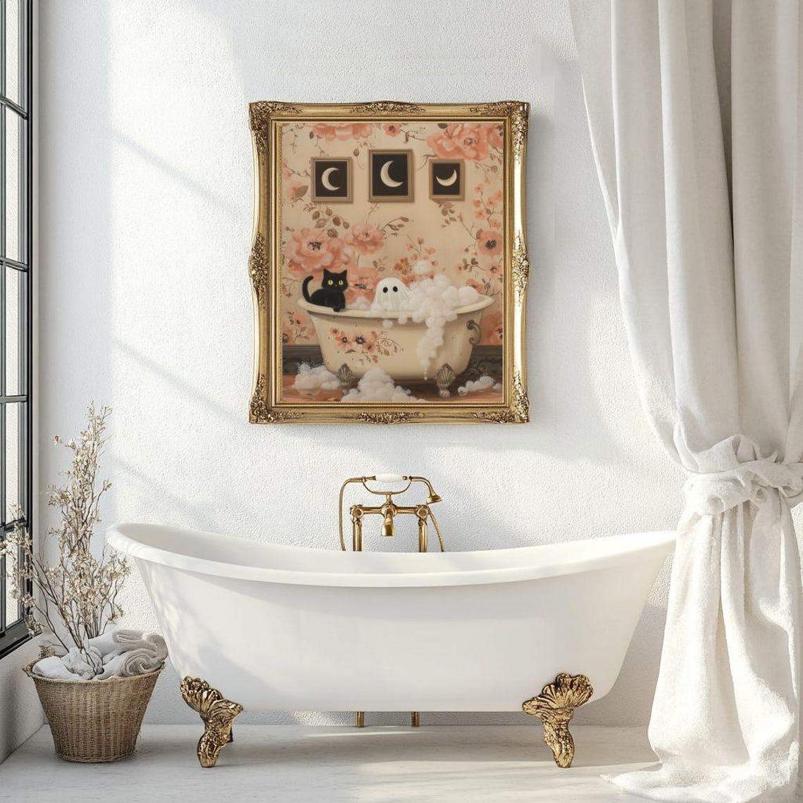 Cute Ghost and Black Cat Sharing a Floral Bubble Bath Halloween Poster - Image 6