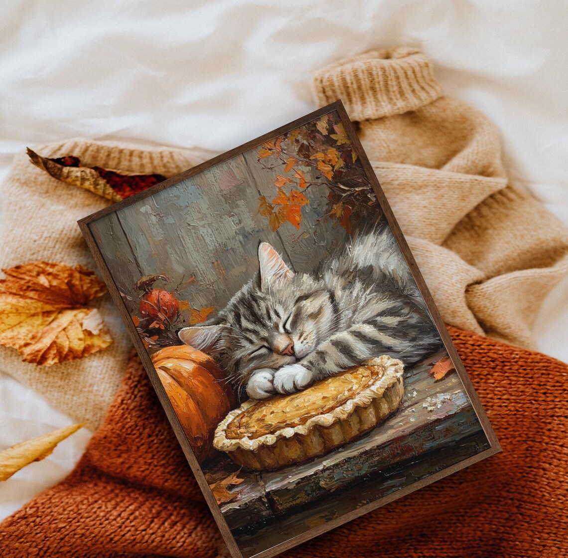 Tabby Cat and Pumpkin Pie Thanksgiving Art Print - Image 7