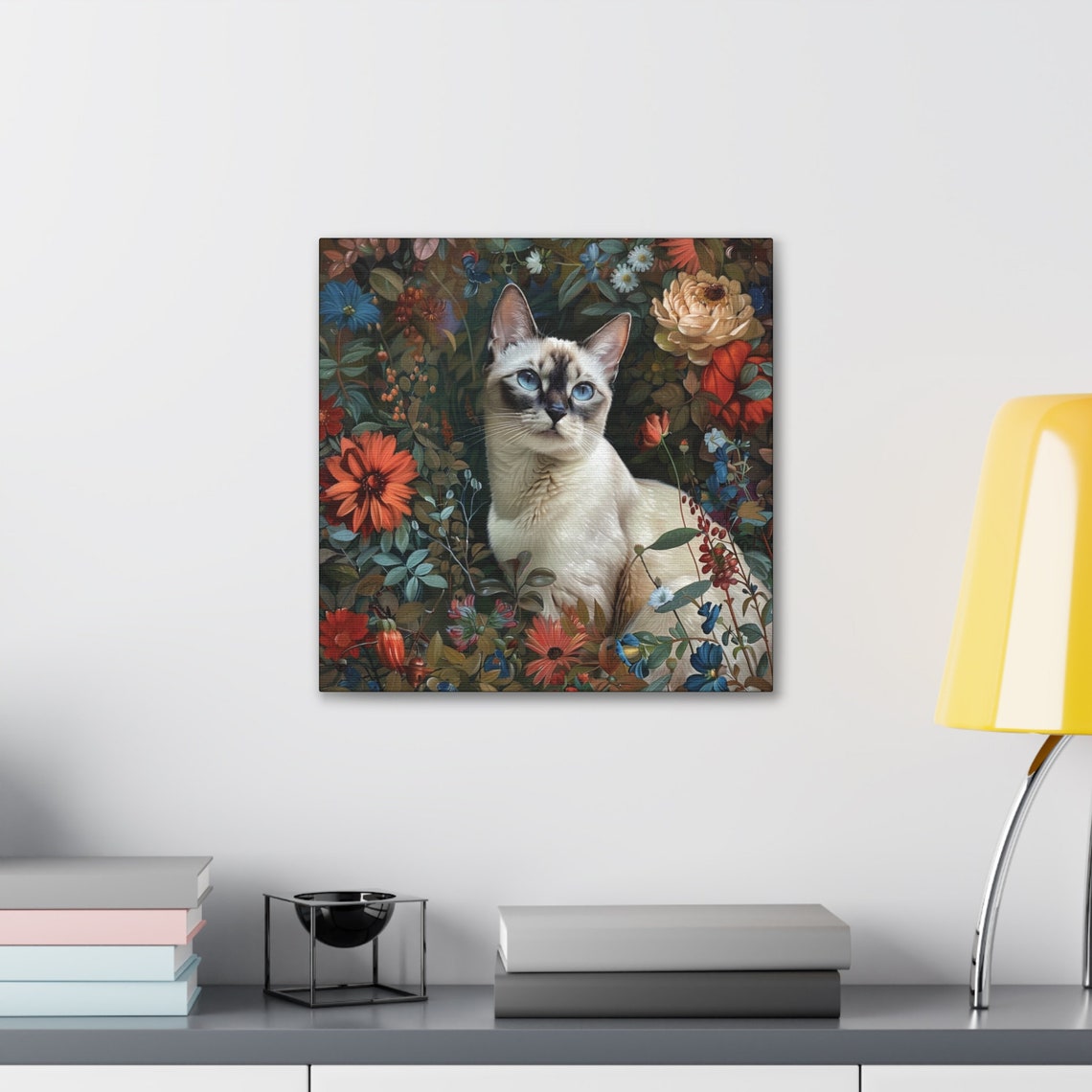 Siamese Cat with Blue Eyes Among Dark Botanical Flowers Poster - Image 5