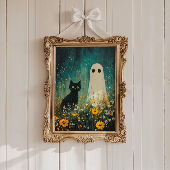 Black Cat and Ghost in Wildflowers Under a Starry Teal Sky Poster