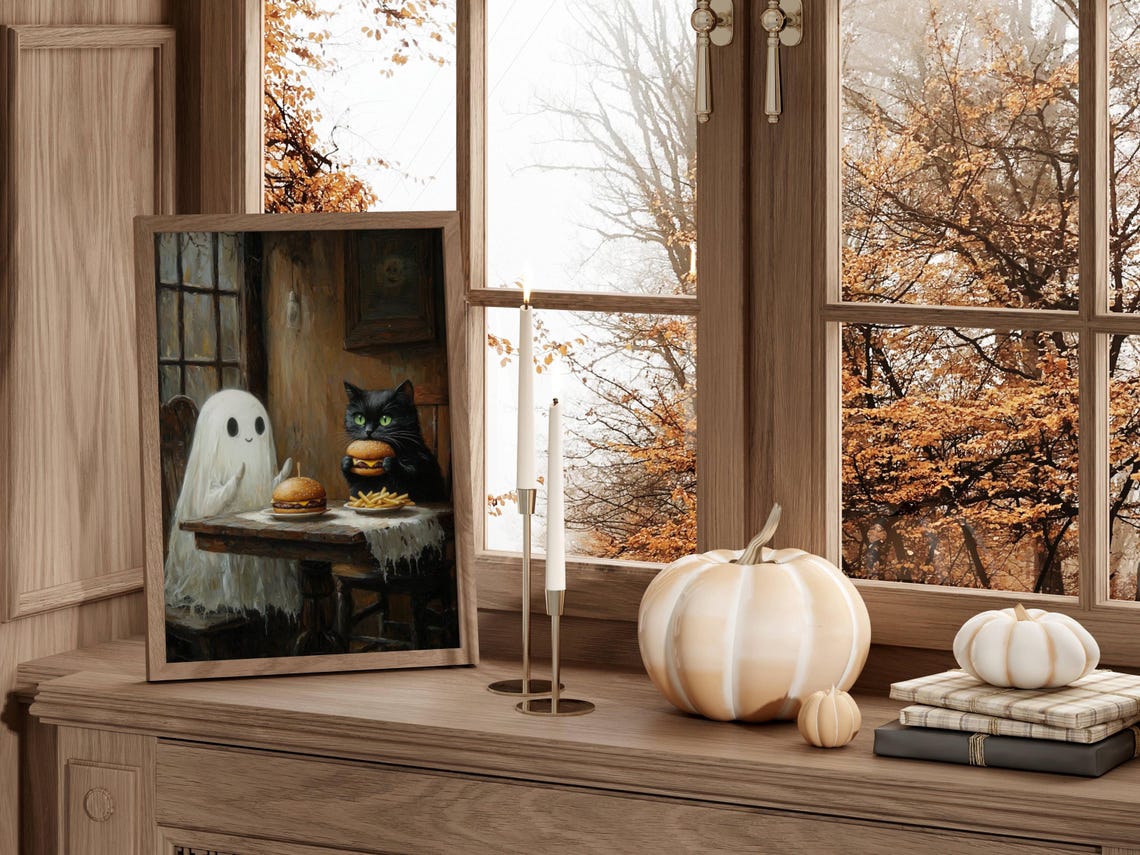 Ghost and Black Cat Eating Cheeseburgers and Fries at a Table Poster - Image 2