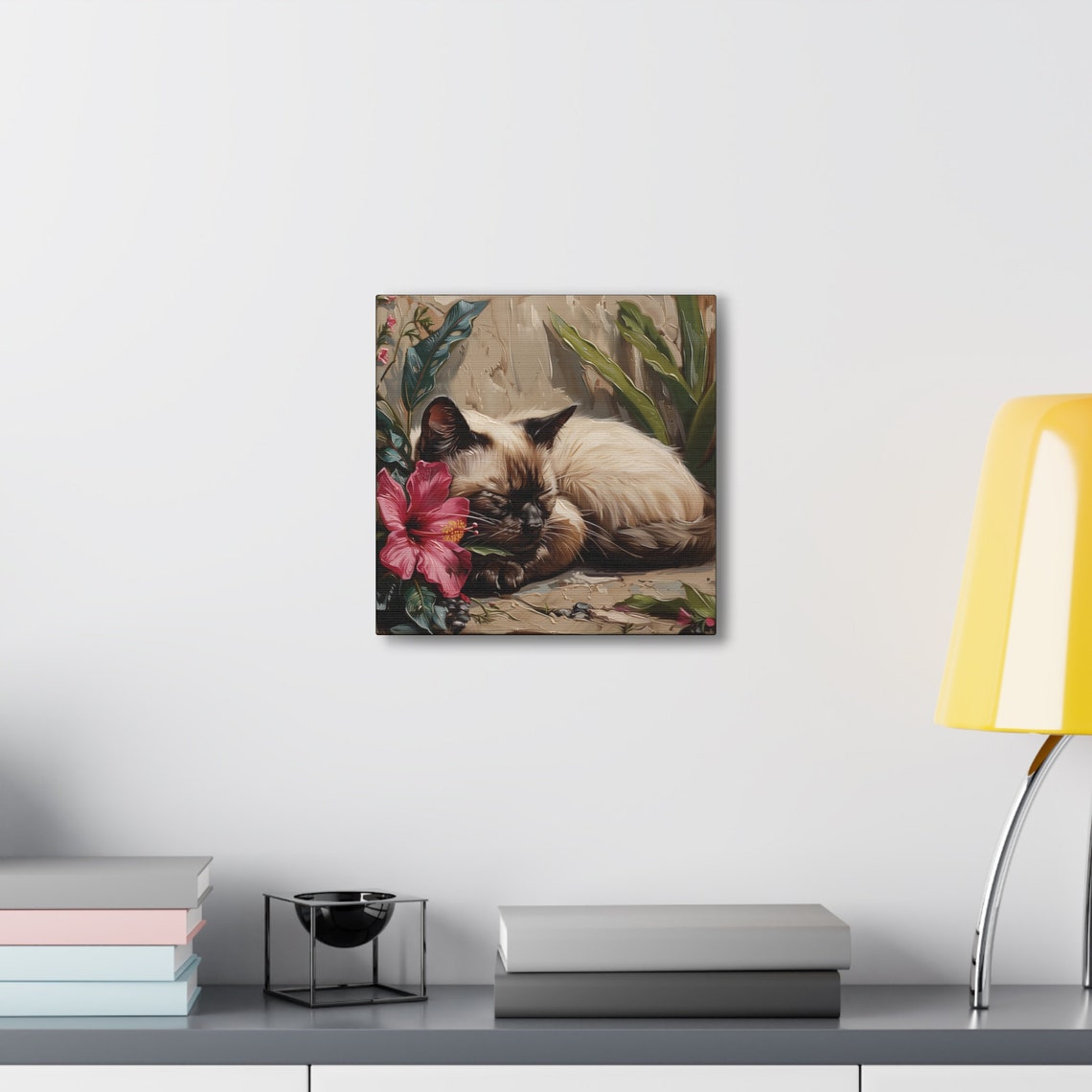Siamese Cat Sleeping Beside Pink Hibiscus Flower Painting Poster - Image 6