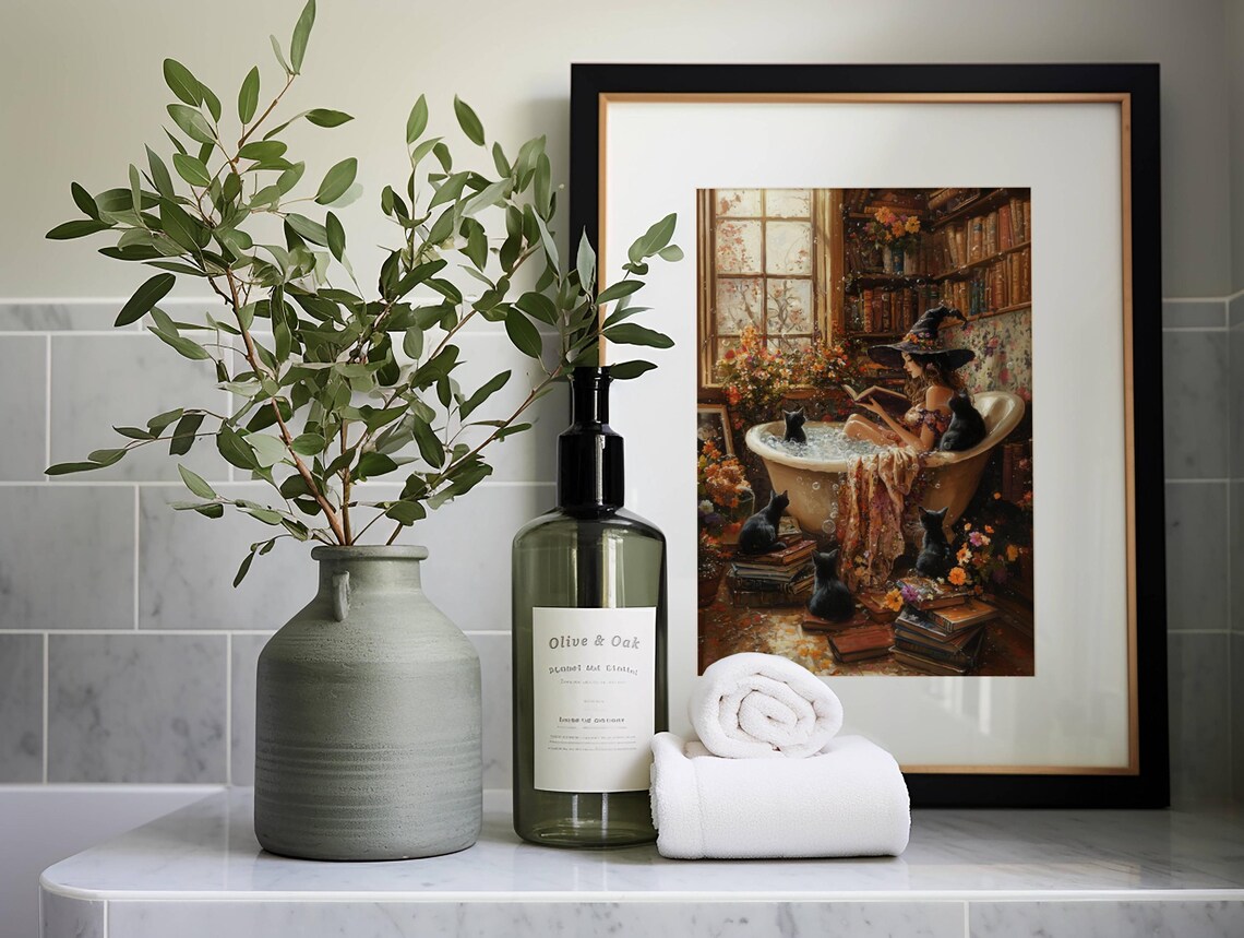 Witch Reading in Bathtub With Black Cats Print - Image 2