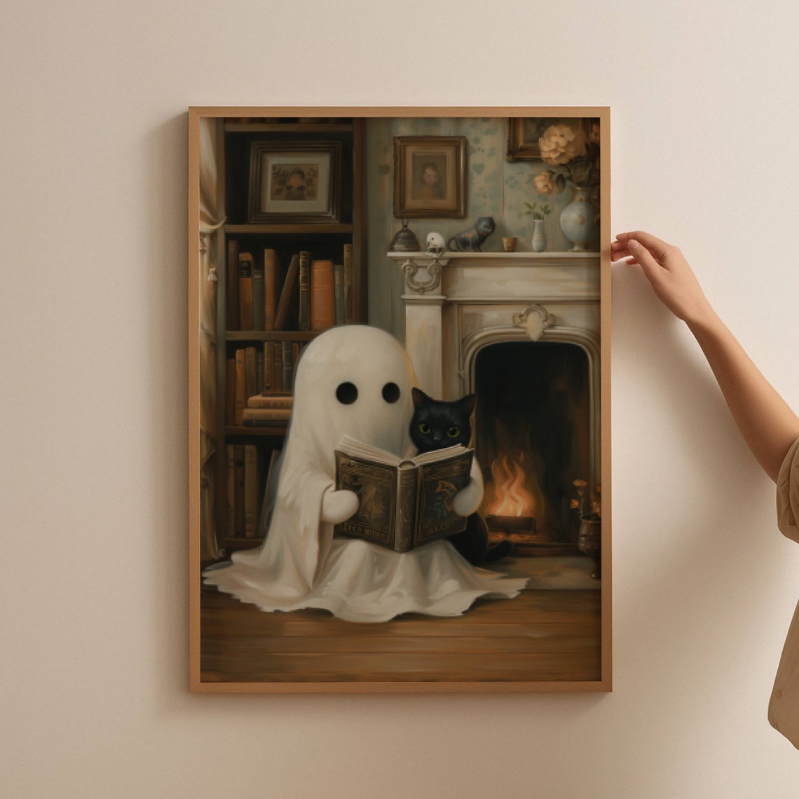 Cute Ghost Reading a Book With Black Cat by the Fireplace Poster - Image 4