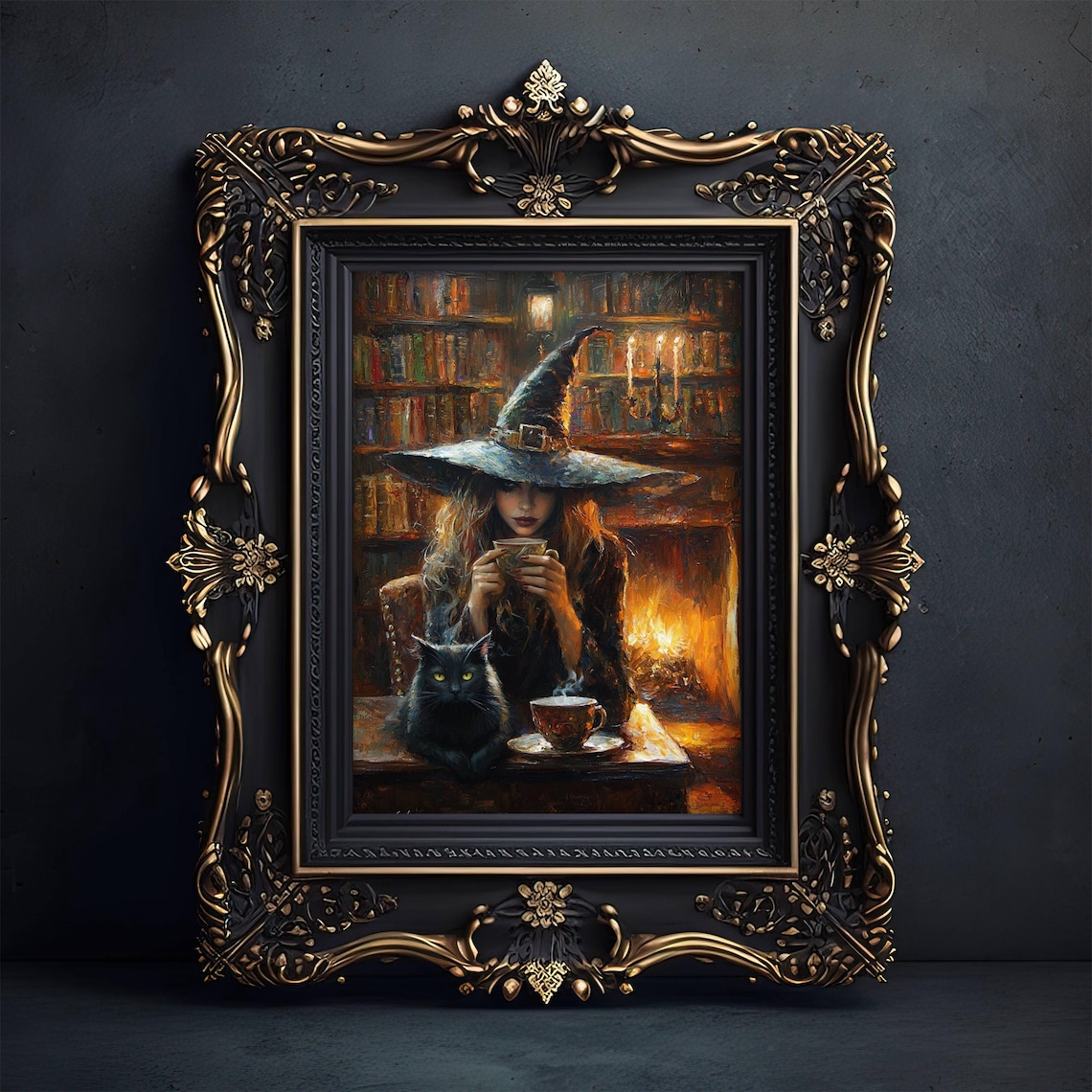Whimsigoth Witch Tea in Library, Black Cat Art Print - Image 3