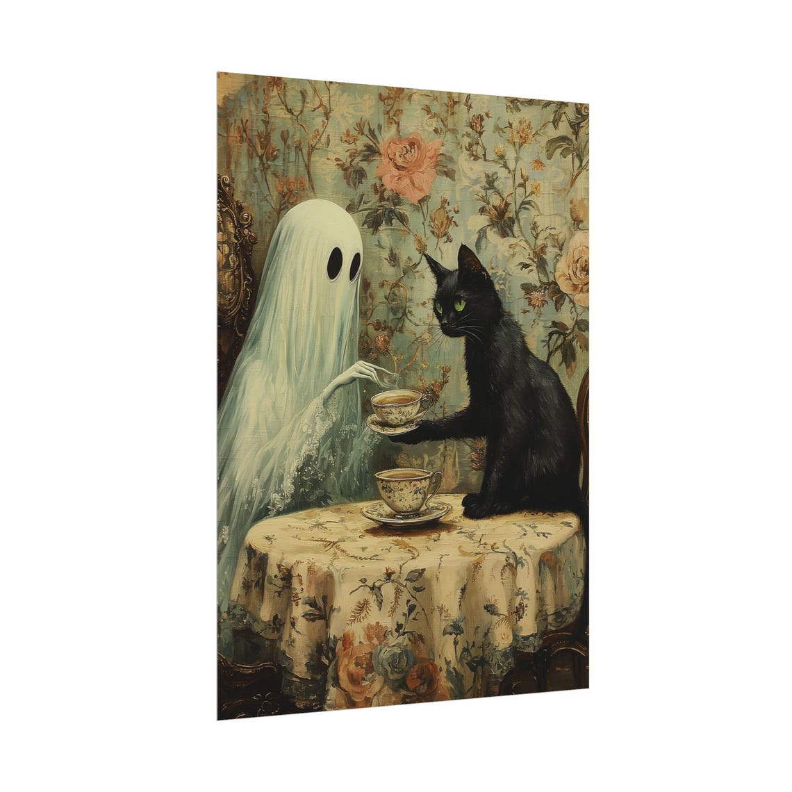 Ghost Serving Tea to a Black Cat at a Floral Covered Table Poster - Image 2