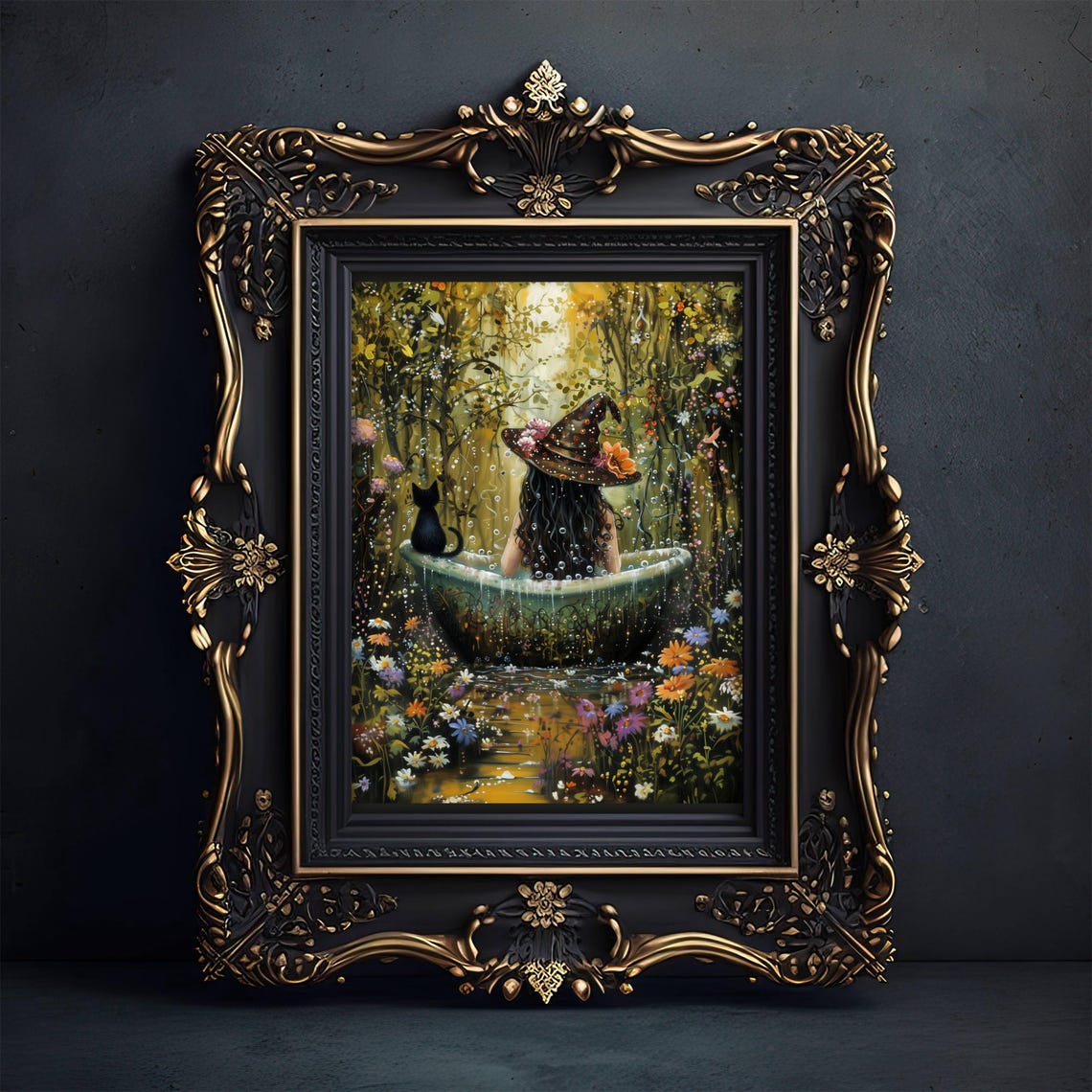 Witch Bathing Outdoors in a Flower Garden With Her Black Cat Poster - Image 2