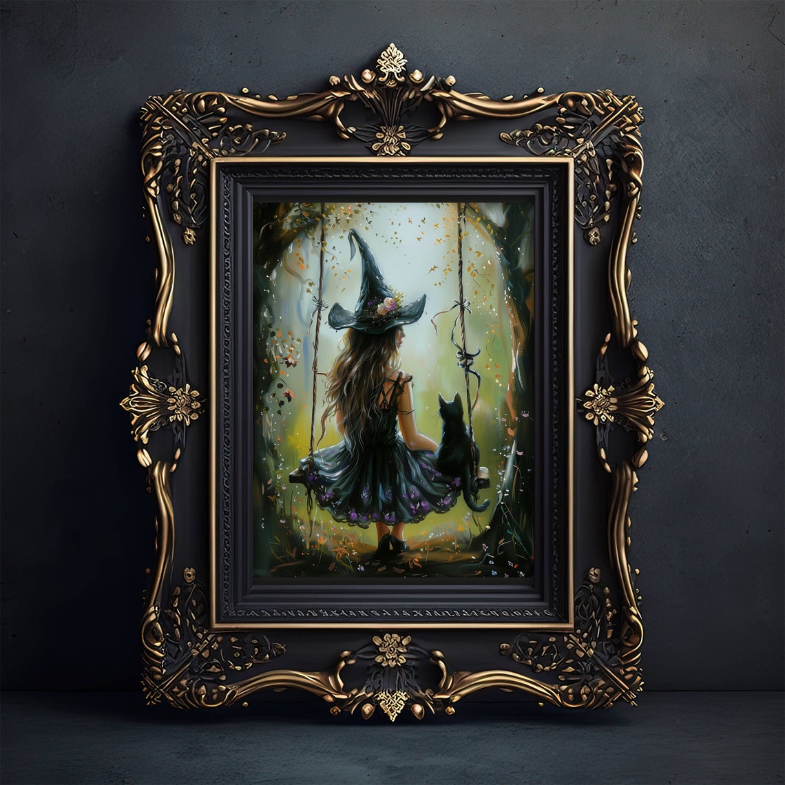 Witch On A Garden Swing With Black Cat Seen From Behind Poster - Image 5