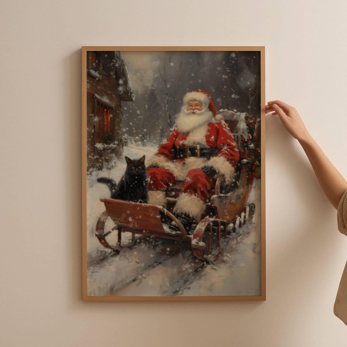 Santa Claus Sleigh Ride With a Black Cat Vintage Christmas Poster - Image 2