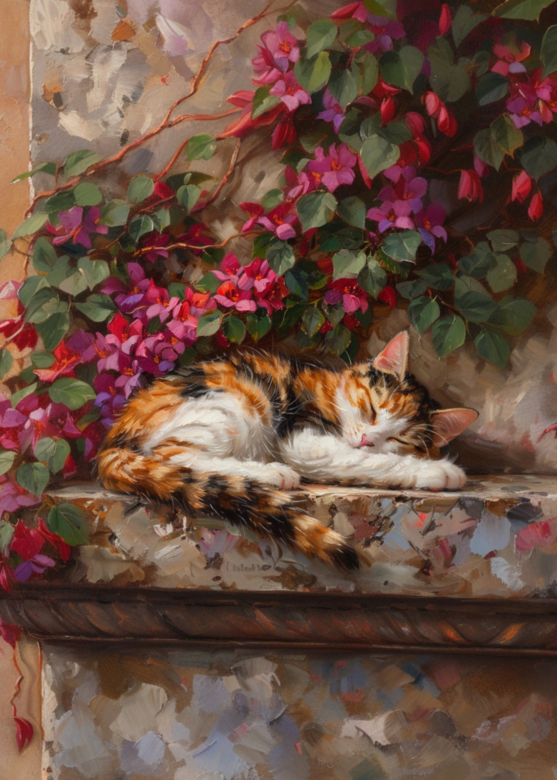 Calico Cat Sleeping On A Ledge Under Pink Bougainvillea Vines Poster - Image 3