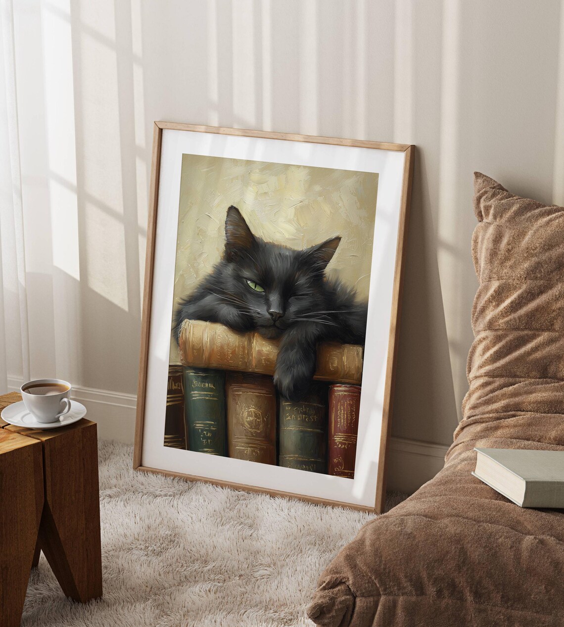 Cozy Black Cat and Books, Light Academia Art Print - Image 6