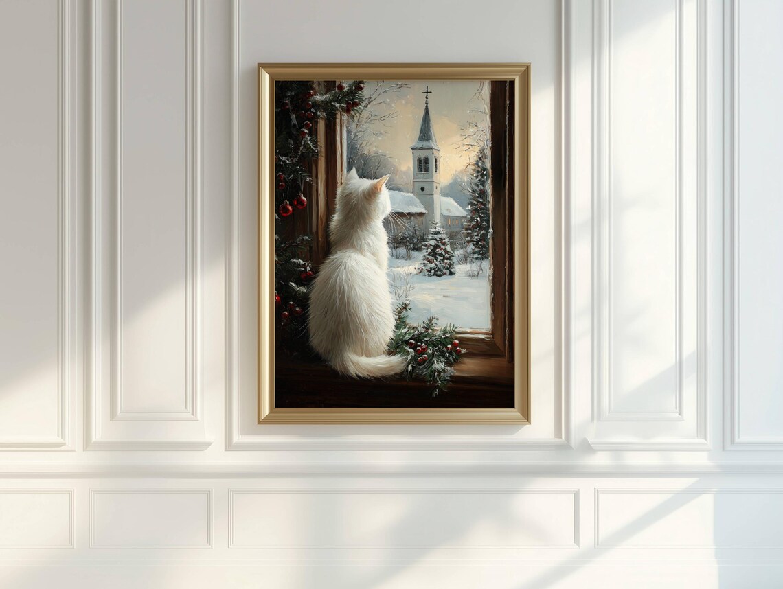 White Cat Farmhouse Christmas Poster, Rustic Holiday - Image 2