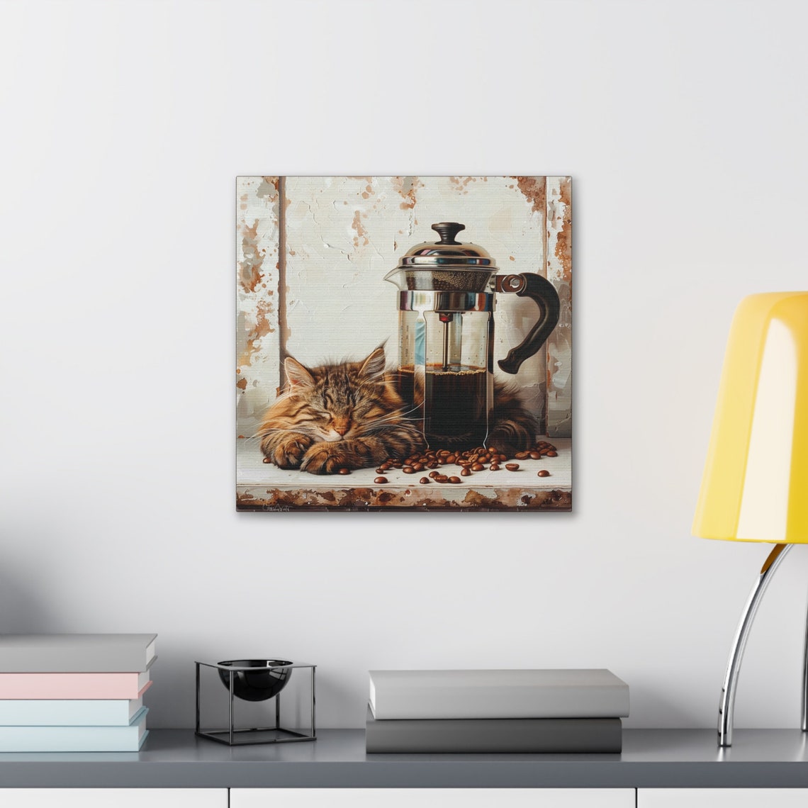 Fluffy Tabby Cat Napping by French Press Coffee Painting Poster - Image 5