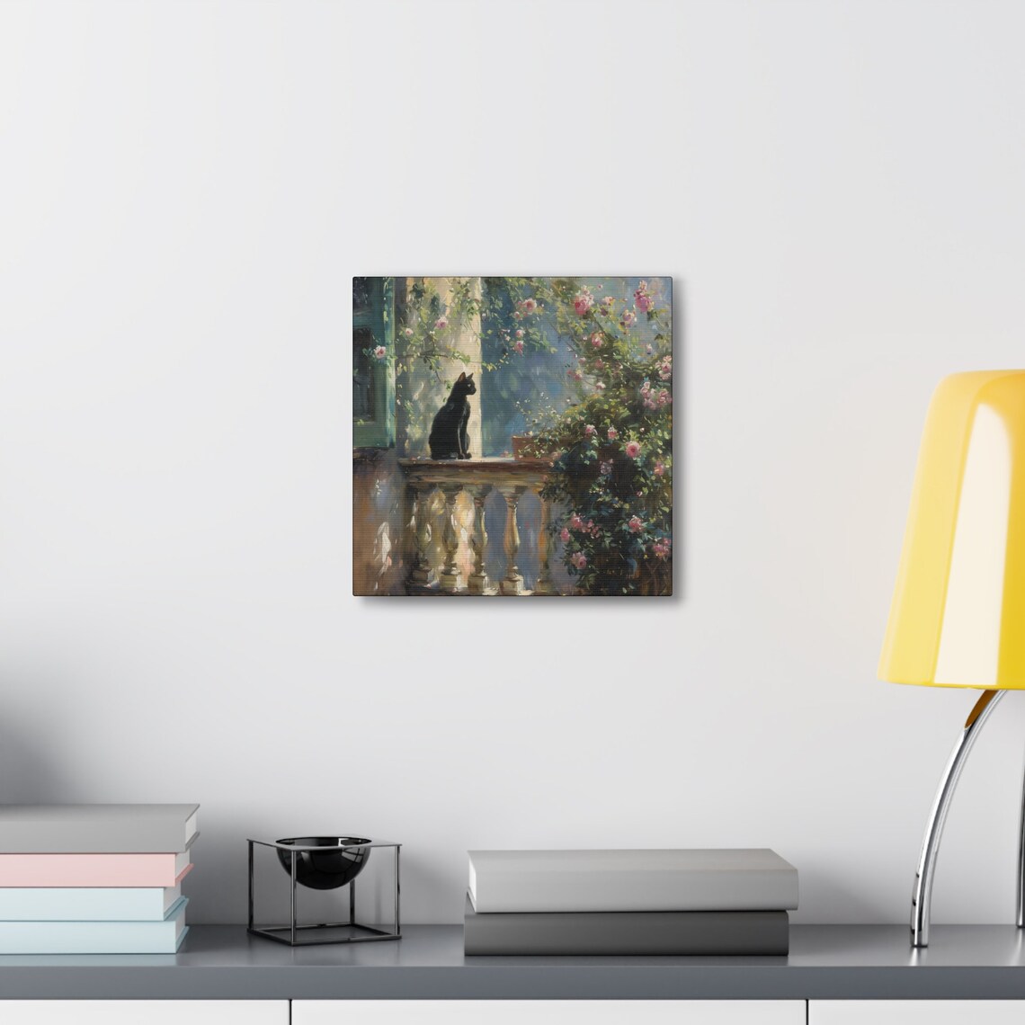 Black Cat on Garden Balcony Among Pink Climbing Roses Painting Poster - Image 6