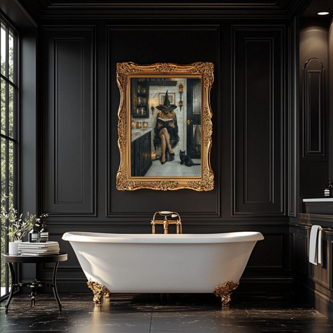 Witch Reading in Bathroom, Whimsigoth Cat Art Print - Image 4